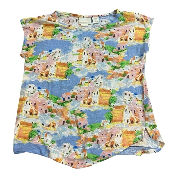 CYNTHIA ROWLEY Greek Island Paining Print 100% Linen Slub Knit Top Sz M - Picture 1 of 3